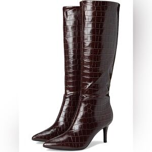 Nine West Elegant Brown Croc-Embossed Knee-High Boots